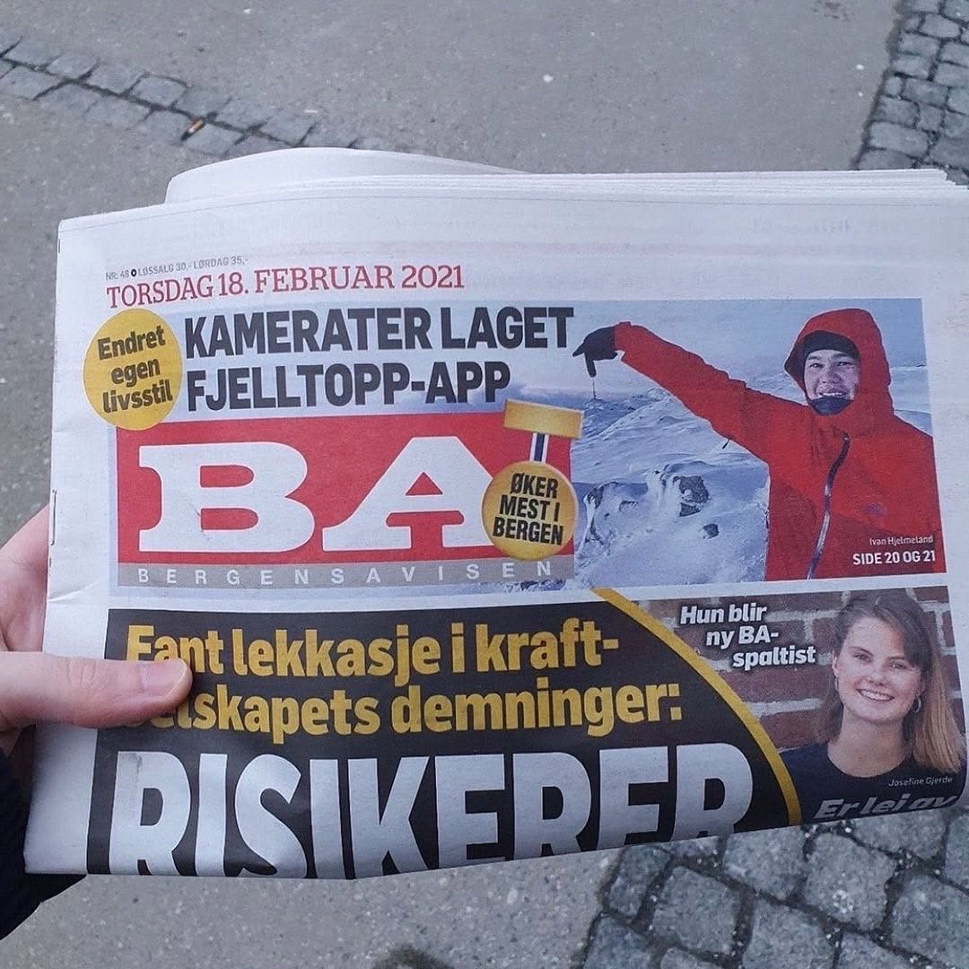 Forsiden av Bergensavisen 18. februar 2021 med overskriften «Kamerater laget fjelltopp-app».